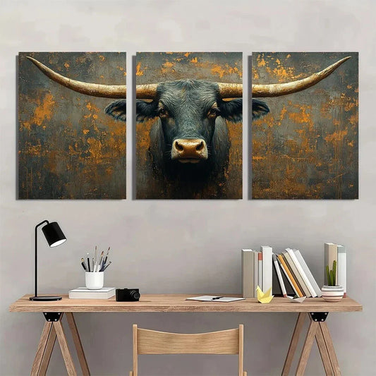 3pcs Texas Longhorn Land Cow Animal Themed Metal Print Ready to Hang Art