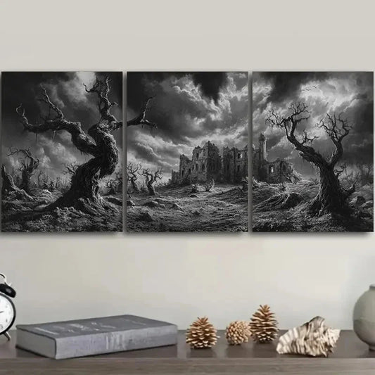 3pcs Cottage Surrounded by Dead Trees Metal Print Ready to Hang Art