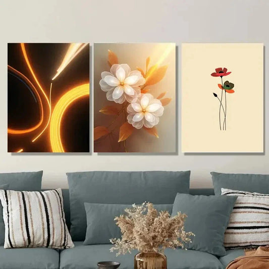 3pcs White Flowers & Golden Accents Metal Print Ready to Hang Art