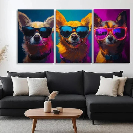 3pcs Cool Chihuahuas in Glasses Vibrant Perfect Wall Art Set Canvas Framed 40x60cm - High Quality Print 100% Australian Made Wall Canvas Ready to Hang