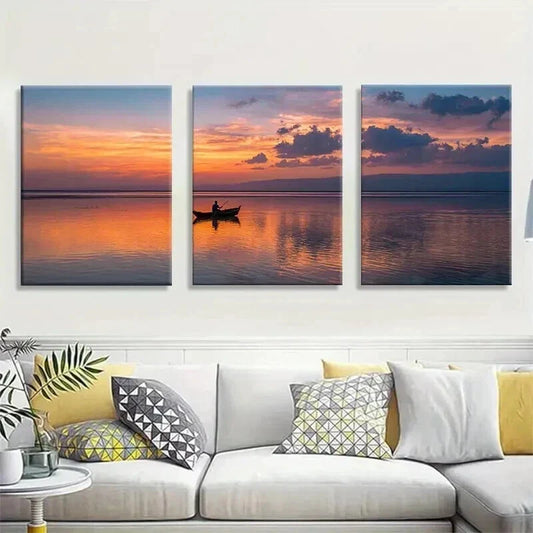 3pcs Tranquil Sunset & Boat on a Lake Prints Wall Art Set Canvas Framed 40x60cm - High Quality Print 100% Australian Made Wall Canvas Ready to Hang