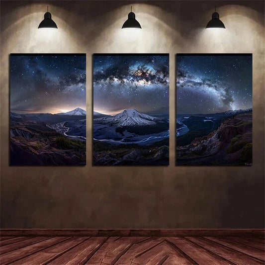 3pcs Volcano and Galaxy Starry Night Sky Metal Print Ready to Hang Art