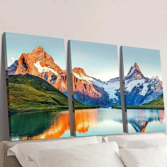 3pcs Snow Mountains Lake & Sunset Painting Wall Art Set Canvas Framed 40x60cm - High Quality Print 100% Australian Made Wall Canvas Ready to Hang