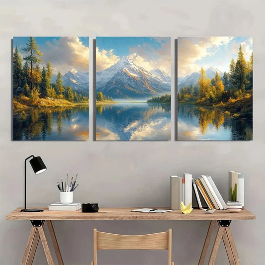 3pcs Trees & Snow Capped Peaks Mountain Lake Metal Print Ready to Hang Art