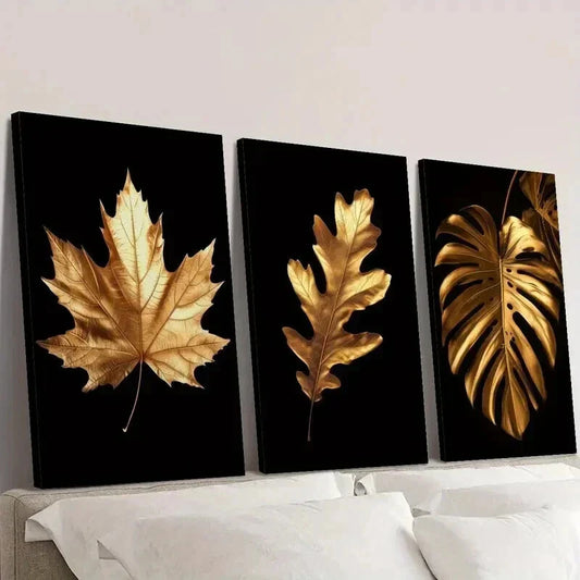 3pcs Classic Golden Leaves Decoration Wall Art Set Canvas Framed 40x60cm - High Quality Print 100% Australian Made Wall Canvas Ready to Hang