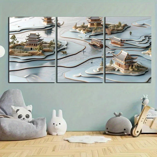 3pcs Traditional Chinese Landscape Metal Print Ready to Hang Art