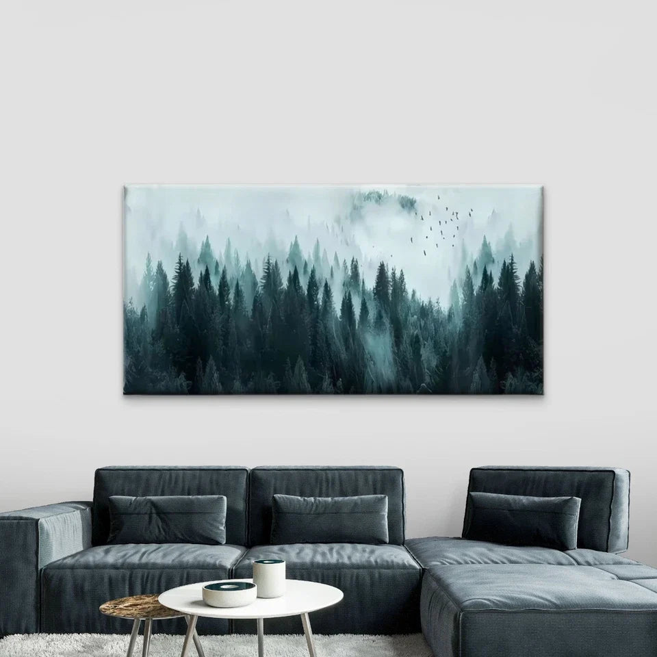 Teal & Green Misty Mountain Wall Art Canvas Office Home Room Framed 80x45cm