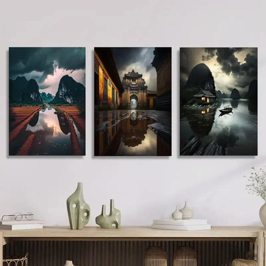 3pcs Vietnam rainy season, house Metal Print Ready to Hang Art