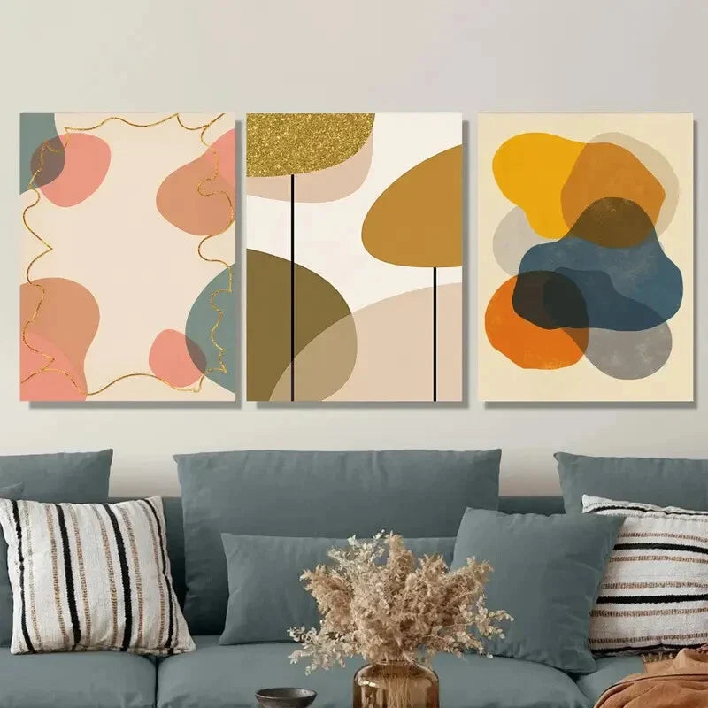 3pcs Vibrant Geometric Canvas Prints with Golden Metal Print Ready to Hang Art