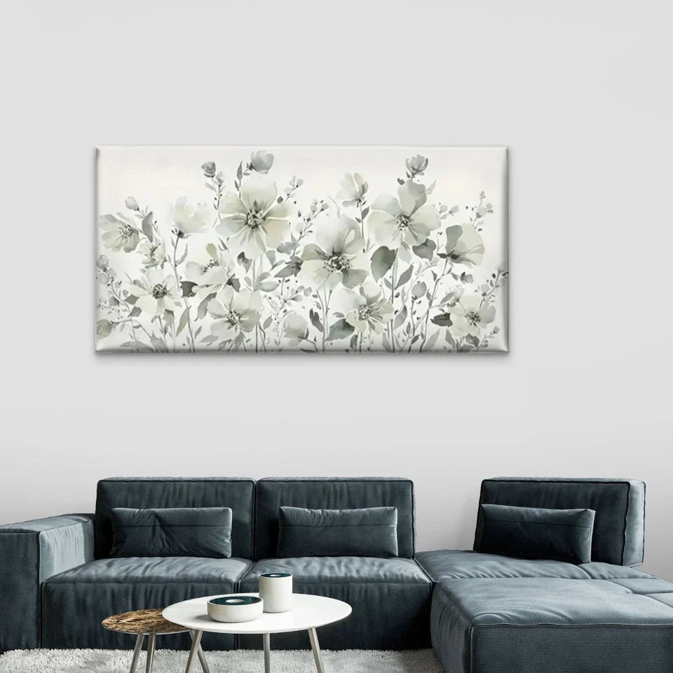 Elegant Flower Floral White Wall Art Canvas Office Home Room Framed 80x45cm