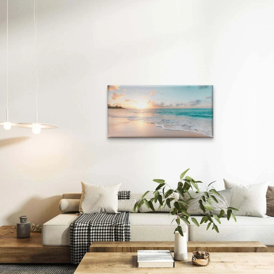 Serene Beach Sunset Horizon Wall Art Canvas Office Home Framed 80x45cm