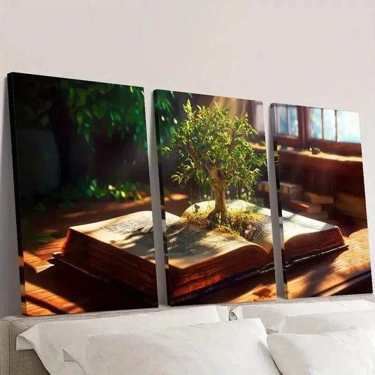 3pcs Knowledge Tree Growing Out of a Book Wall Art Set Canvas Framed 40x60cm - High Quality Print 100% Australian Made Wall Canvas Ready to Hang