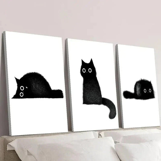 3pcs Black Little Coal Cat Illustration Wall Art Set Canvas Framed 40x60cm - High Quality Print 100% Australian Made Wall Canvas Ready to Hang
