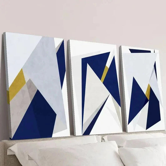 3pcs Geometric Golden and Blue Triangle Design Wall Art Set Canvas Framed 40x60cm - High Quality Print 100% Australian Made Wall Canvas Ready to Hang