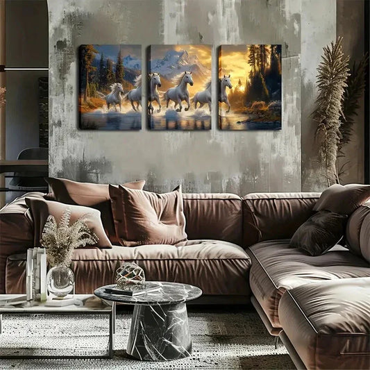3pcs four white horses running in the river Wall Art Set Canvas Framed 40x60cm - High Quality Print 100% Australian Made Wall Canvas Ready to Hang
