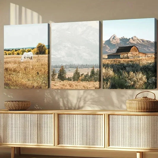 3pcs Farmhouse Large Nature White Horse Mountain Wall Art Set Canvas Framed 40x60cm - High Quality Print 100% Australian Made Wall Canvas Ready to Hang