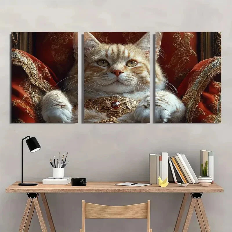 3pcs Royal Cat Luxurious Golden & Red Metal Print Ready to Hang Art
