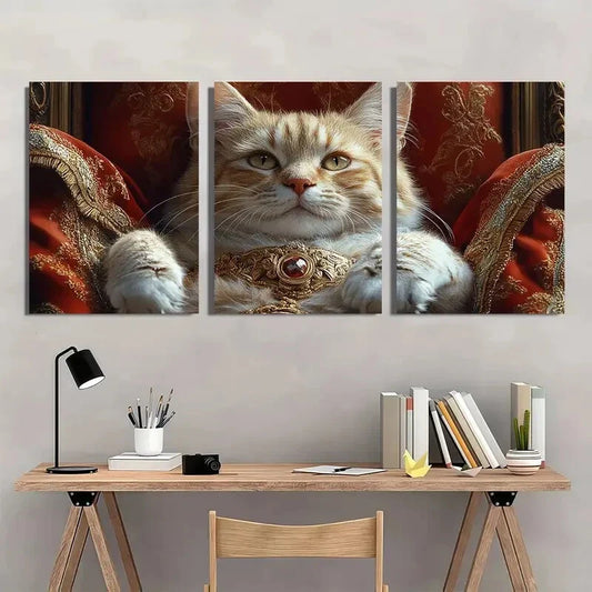 3pcs Royal Cat Luxurious Golden & Red Metal Print Ready to Hang Art