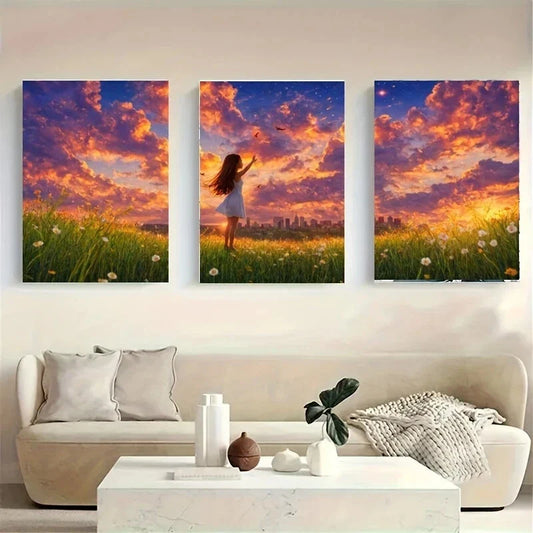 3pcs A Girl Standing in a Field of Flowers Metal Print Ready to Hang Art