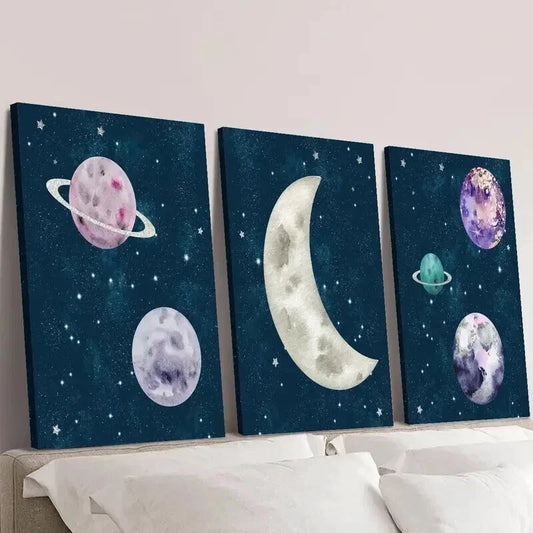 3pcs Galaxy Space Planet Moon & Stars Wall Art Set Canvas Framed 40x60cm - High Quality Print 100% Australian Made Wall Canvas Ready to Hang