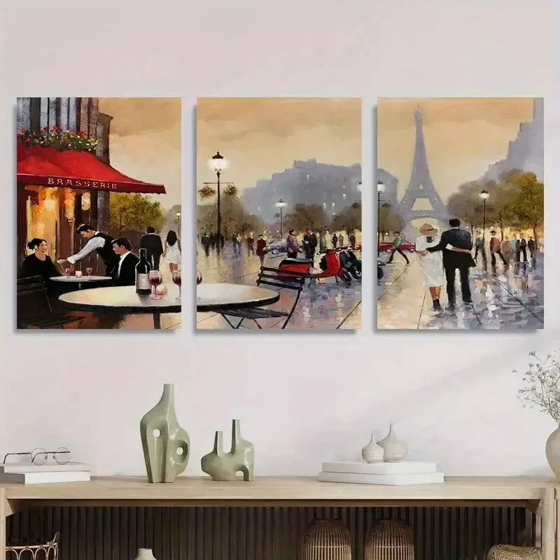 3pcs Eiffel Tower & Romantic Street Scene Metal Print Ready to Hang Art