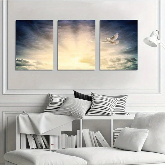 3pcs White Pigeon Rays Natural Scenery Metal Print Ready to Hang Art