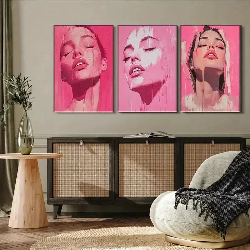 3pcs Pink Female Portrait Triptych Wall Art Set Canvas Framed 40x60cm - High Quality Print 100% Australian Made Wall Canvas Ready to Hang