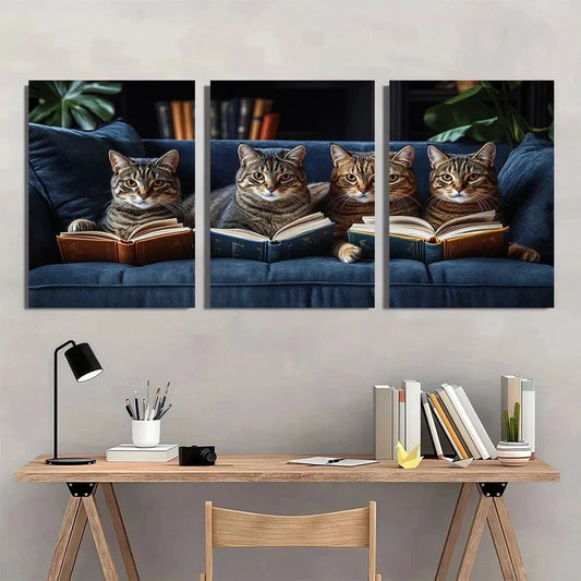 3pcs Modern Glam Cat Reading Books Metal Print Ready to Hang Art