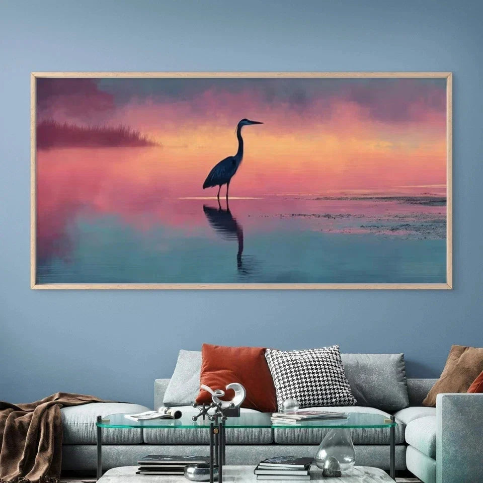 Sunset Lake Heron Reflection Wall Art Canvas Office Home Room Framed 80x45cm