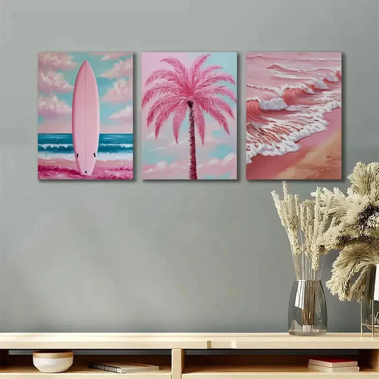 3pcs Pink Ocean Pictures Beach Painting Metal Print Ready to Hang Art