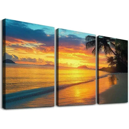 3pcs Tropical Beach Sunset with Palm Trees Wall Art Set Canvas Framed 40x60cm - High Quality Print 100% Australian Made Wall Canvas Ready to Hang