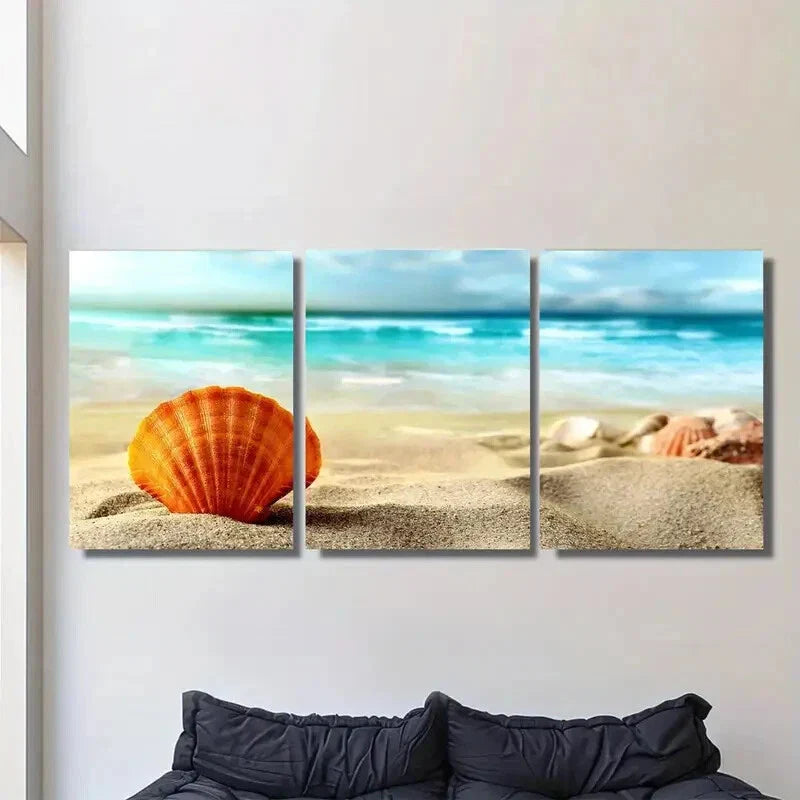 3pcs Beach Seashell Vibrant Ocean & Sandy Shore Metal Print Ready to Hang Art