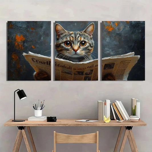 3pcs Cat on Toilet Reading Newspaper Metal Print Ready to Hang Art