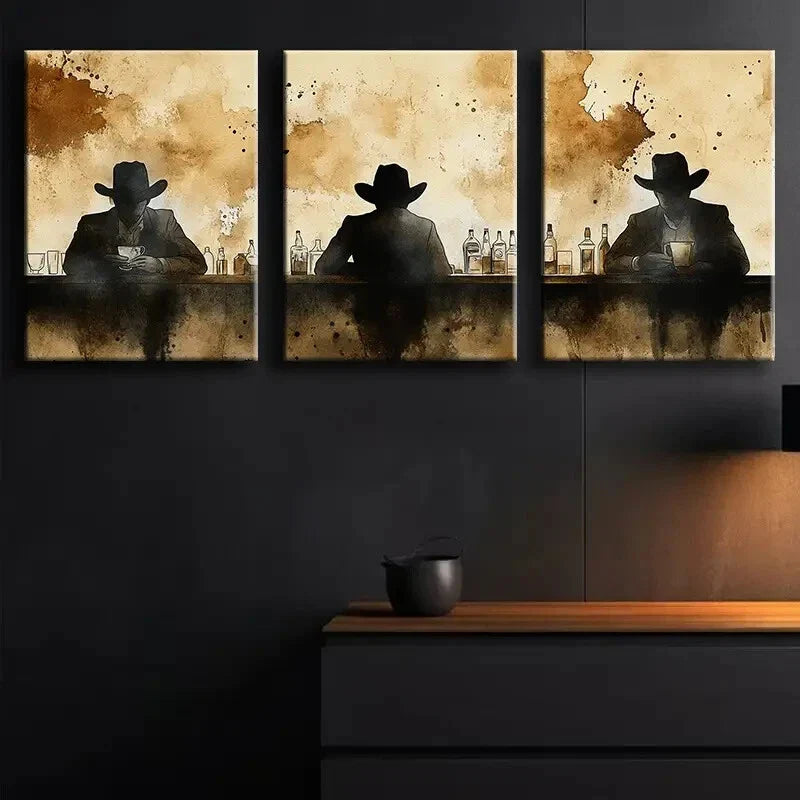 3pcs Silhouettes at Bar Design Alone Darkness Wall Art Set Canvas Framed 40x60cm - High Quality Print 100% Australian Made Wall Canvas Ready to Hang