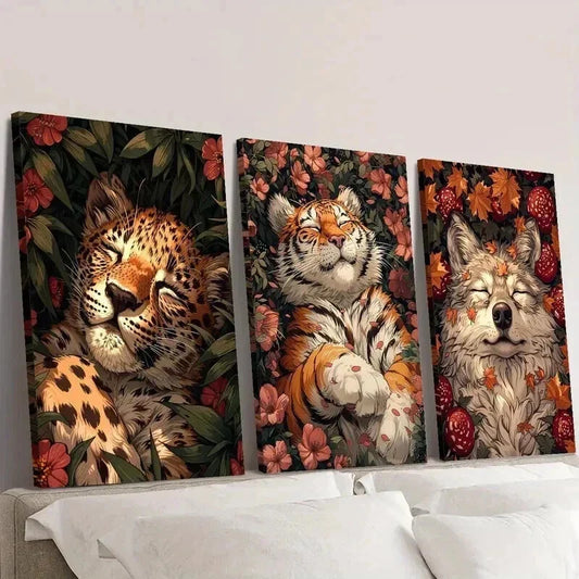 3pcs Leopard Tiger Wolf Sleeping on Flowers Wall Art Set Canvas Framed 40x60cm - High Quality Print 100% Australian Made Wall Canvas Ready to Hang