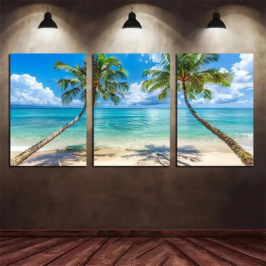 3pcs Two Palm Trees, Clear Blue Seawater Metal Print Ready to Hang Art