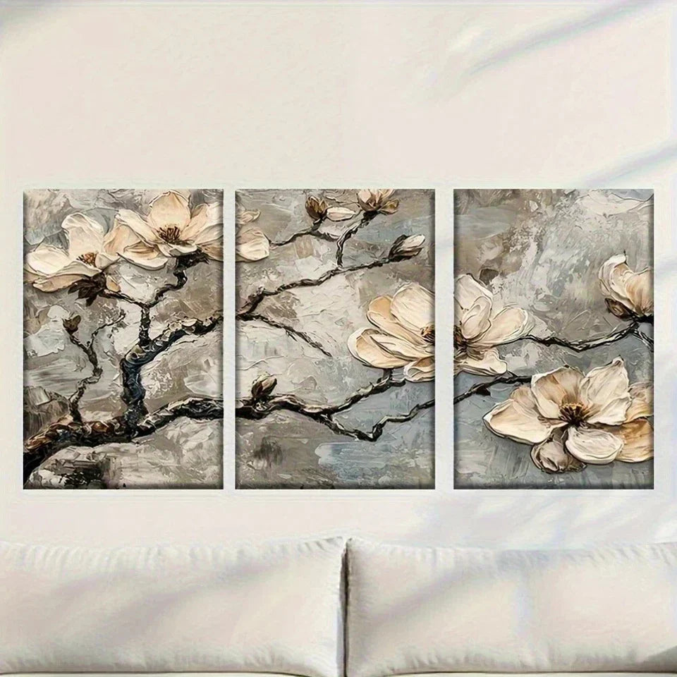 3pcs White Flower Pattern on Grey Background Metal Print Ready to Hang Art