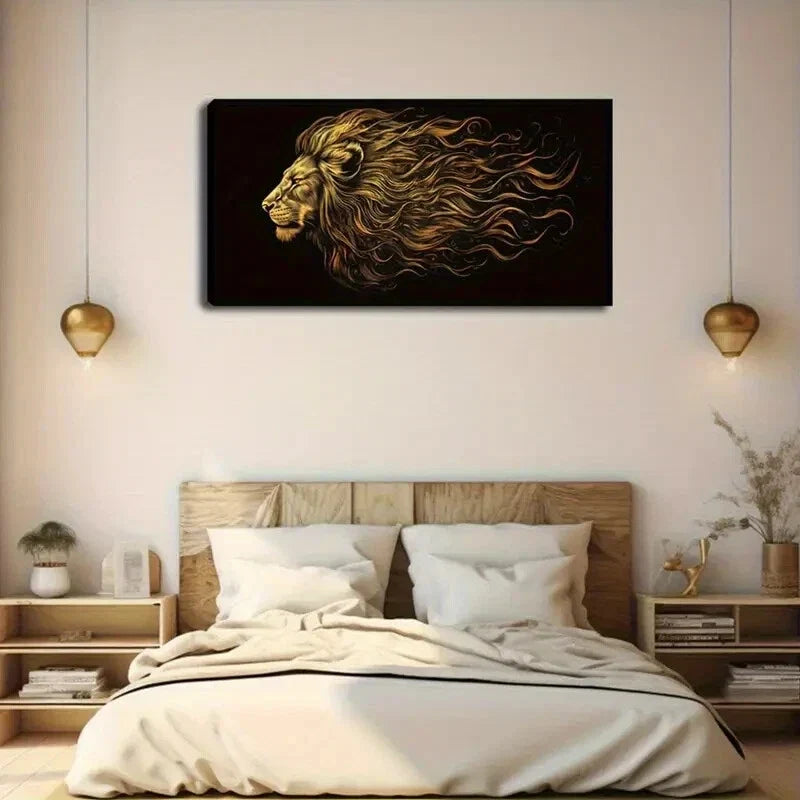 Lion'S Golden Fur in Blcack Wall Art Canvas Office Home Room Framed 120x60cm