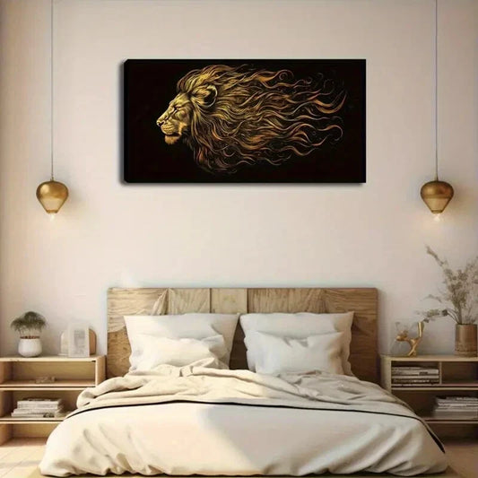 Lion'S Golden Fur in Blcack Wall Art Canvas Office Home Room Framed 120x60cm