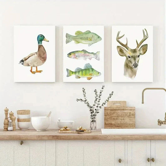 3pcs Watercolor Animal Duck Fish Deer Wall Art Set Canvas Framed 40x60cm - High Quality Print 100% Australian Made Wall Canvas Ready to Hang