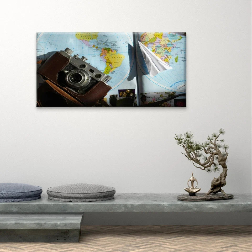 Vintage Travel Camera on World Map Wall Art Canvas Office Home Framed 120x60cm