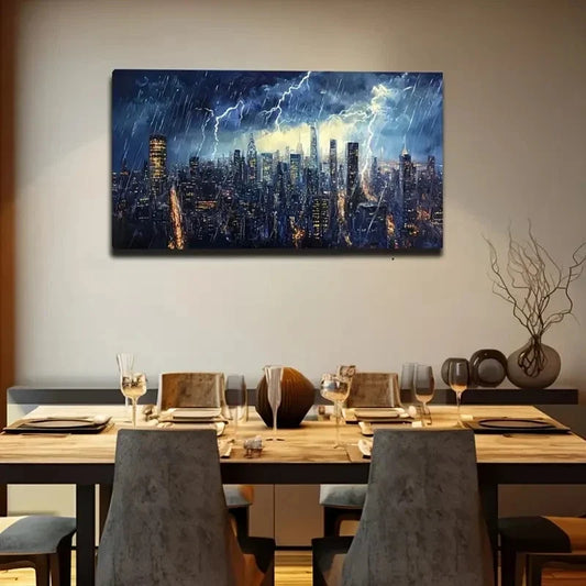 Lightning Storm Rainy Cityscape Wall Art Canvas Office Home Room Framed 80x45cm