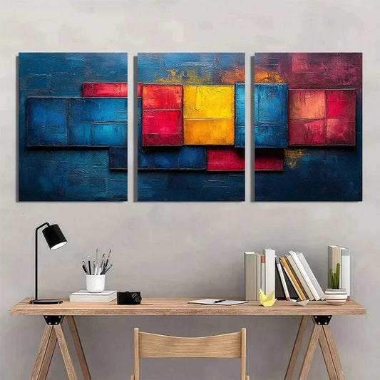 3pcs Blocks And Lines Blue Yellow Red Metal Print Ready to Hang Art