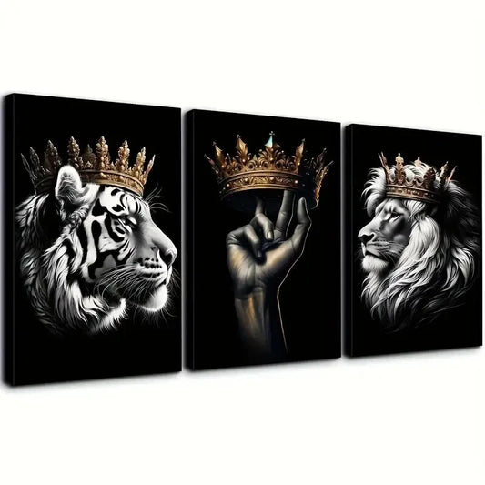 3pcs Crowned Lion and Tiger Decorative Pattern Wall Art Set Canvas Framed 40x60cm - High Quality Print 100% Australian Made Wall Canvas Ready to Hang