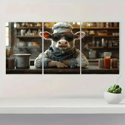 3pcs Whimsical Cow Chef in Kitchen Scene Metal Print Ready to Hang Art