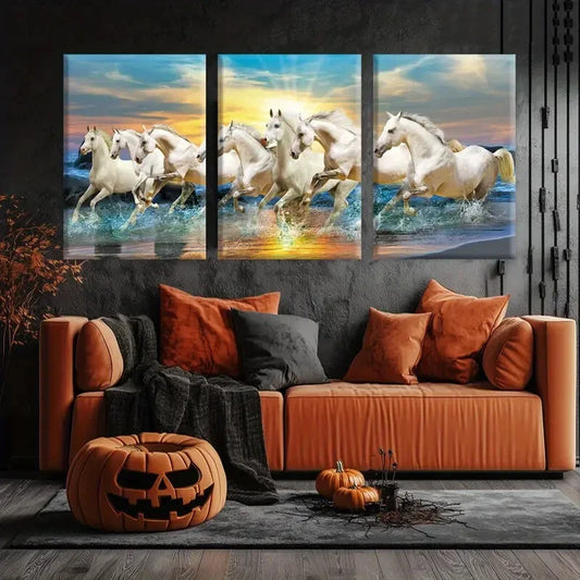 3pcs White Horses Seaside Sunset Running Horses Wall Art Set Canvas Framed 40x60cm - High Quality Print 100% Australian Made Wall Canvas Ready to Hang