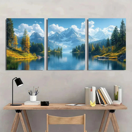 3pcs Snow Capped Mountains Forests and Lakes Metal Print Ready to Hang Art