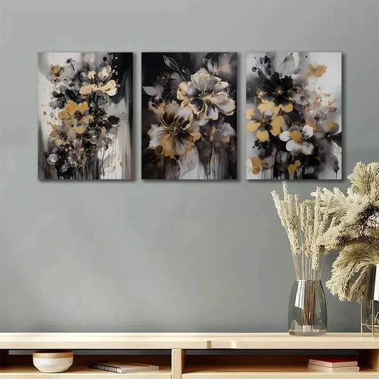 3pcs Black & Golden Floral Painting Metal Print Ready to Hang Art