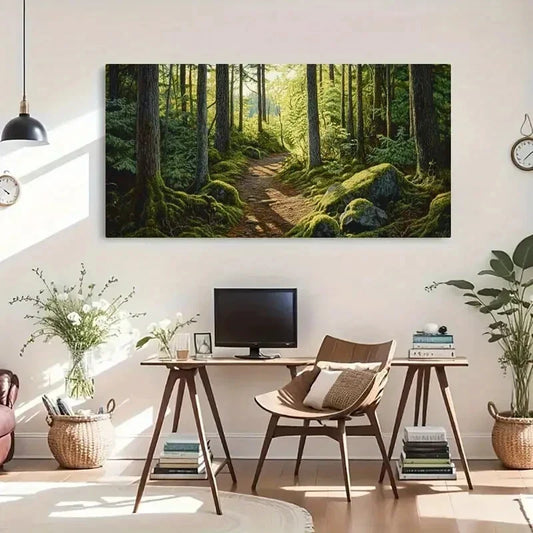 Mossy Trees & Sunlit Pathway Wall Art Canvas Office Home Room Framed 80x45cm