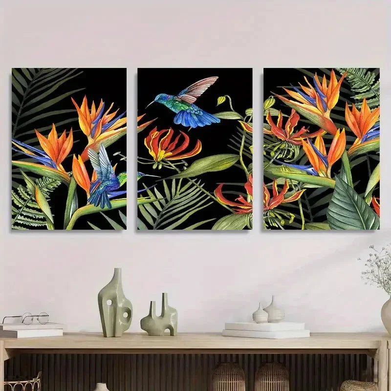 3pcs Tropical Hummingbird and Strelitzia Birds Metal Print Ready to Hang Art